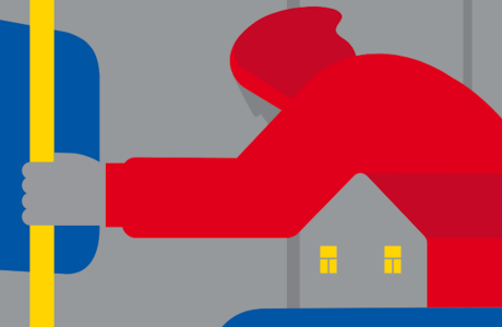 illustration showing transit rider with depiction of a house