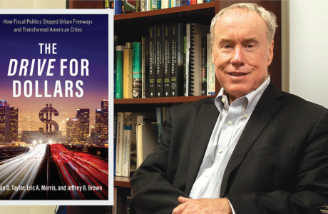 Man seated with book cover in inset