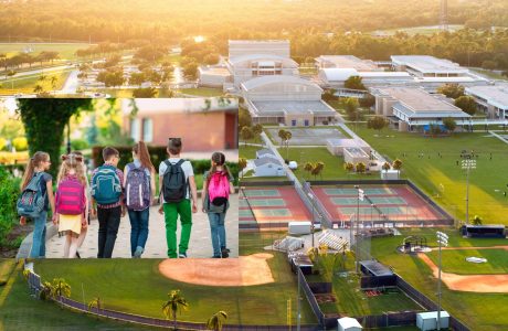 Photo a shot of students walking to school wearing backpacks, over an aerial shot of a large school campus with football fields