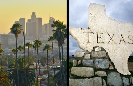 on the left a photo of the skyscrapers in downtown los angeles with palm trees in the foreground, on the right a photo of the large piece of stone carved into the shape of the state of texas.