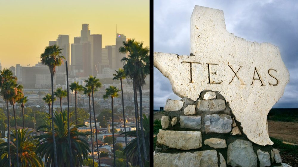 on the left a photo of the skyscrapers in downtown los angeles with palm trees in the foreground, on the right a photo of the large piece of stone carved into the shape of the state of texas.