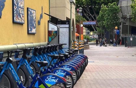 line of blue bicycles for rent