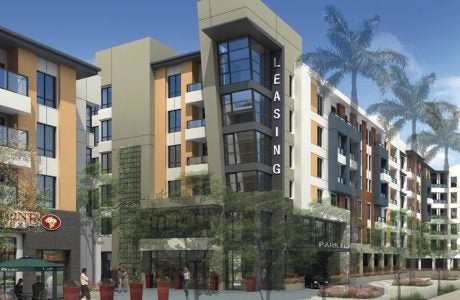 drawing of housing units with "Leasing" sign