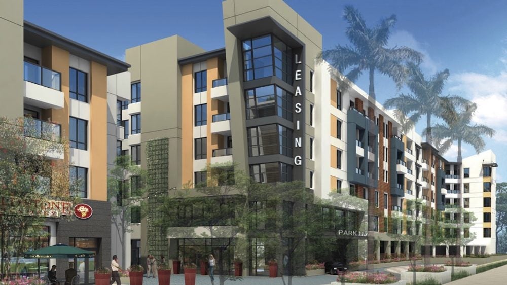 drawing of housing units with "Leasing" sign