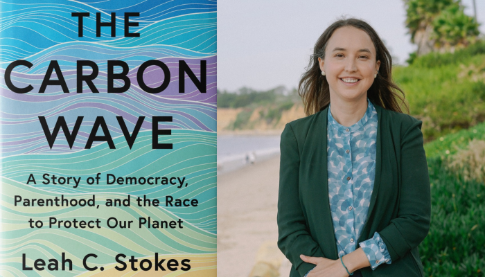 The Carbon Wave book cover beside a photo of author Leah C. Stokes smiling outdoors near a beach