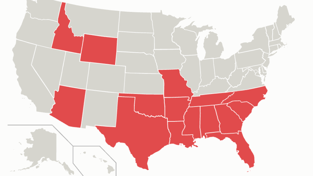 map of USA with red highlighted states.