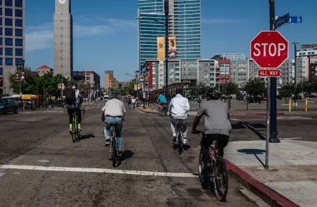 Deacon John Roberts of Father Joe’s Villages leads a weekly bicycle ride with the unhoused and volunteers in downtown San Diego.Photographer: Ariana Drehsler/Bloomberg