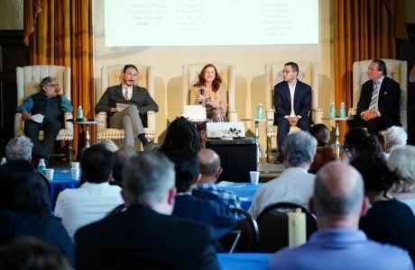 5 panelists sit on stage in the UCLA Kerckhoff Grand Salon for the 2026 Berggruen Governance Index "Four Worlds of Governance" event on May 6.||