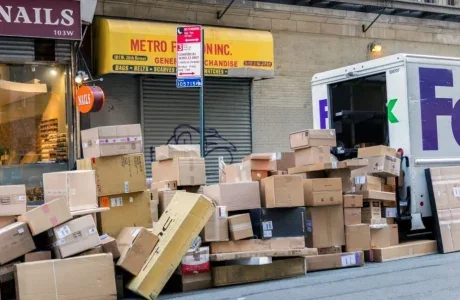 boxes piled behind a FedEx truck on a city street