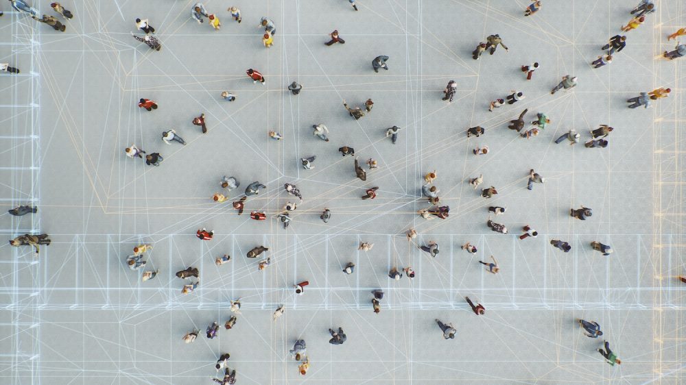 Abstract crowds of people with virtual reality street display.
