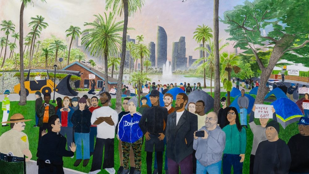 "Dawn Blockade at Echo Park Lake," a mural by Jed Parriott, is featured at the "Tents and Tenants" exhibit.