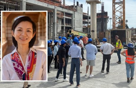 A group of UCLA's masters in real estate students on a tour during a construction site visit, headshot of Diana Liu real estate development student overlay on the left|Group of students at a construction site doing a tour, with a headshot of Diana Liu MRED student on the left overlay||Headshot of Diana Liu in front of Royce Hall|