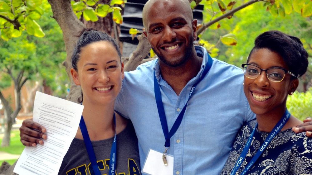 From left, UCLA Luskin students Emma Huang MPP ’17, Ahmed Ali Bob MPP ’17 and Chete Enunwa MSW ’17. Huang and Enunwa are project managers in the D3 initiative. Photo by Stan Paul