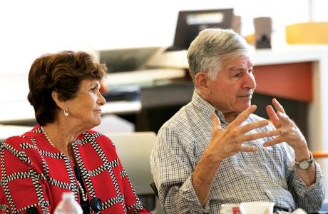 Kitty and Michael Dukakis during a 2019 lunch discussion at the Luskin School
