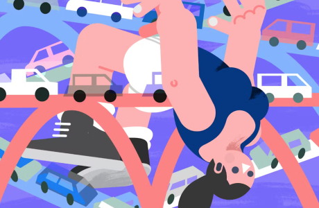 illustration of gymnast set against freeway traffic