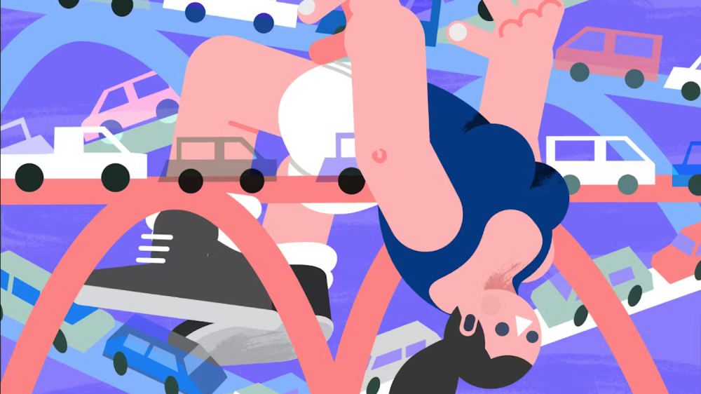 illustration of gymnast set against freeway traffic