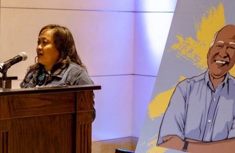 Michelle Magalong MA UP ’03 Ph.D. UP ’17 calls Leo Estrada her academic padrino at a memorial gathering. Photo by Les Dunseith