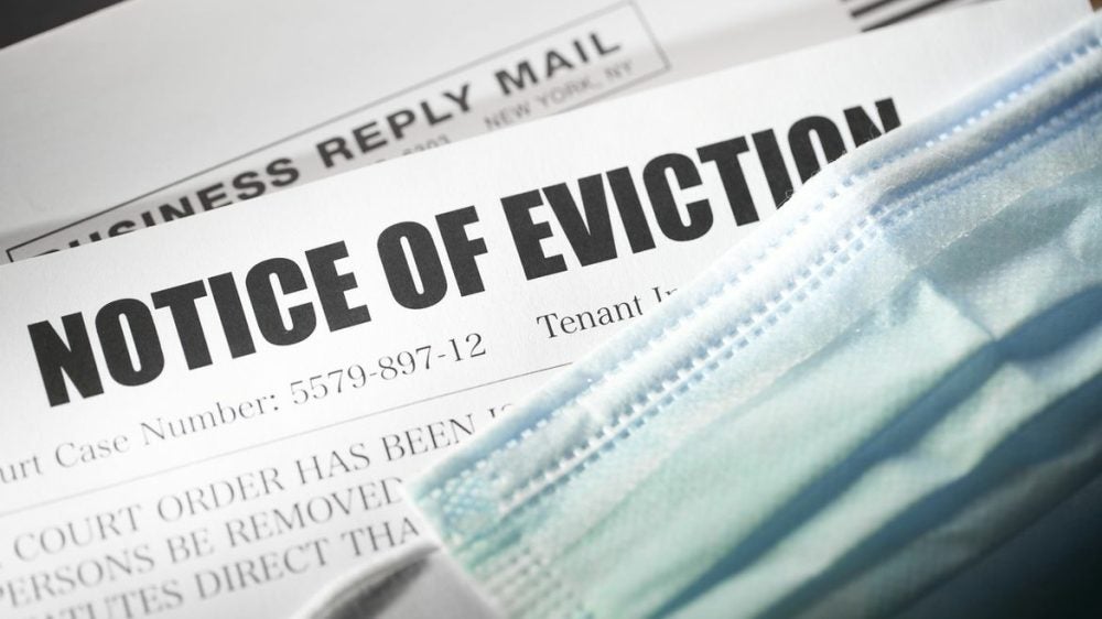 blue mask with notice of eviction