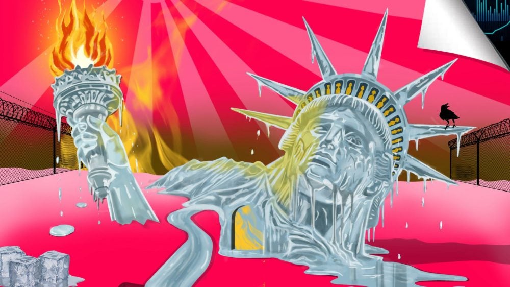 Illustration of the Statue of Liberty melting into a bright pink landscape, her torch engulfed in flames. Barbed-wire fences, melting ice and a rising sun surround her, with a financial data chart visible in the upper-right corner.