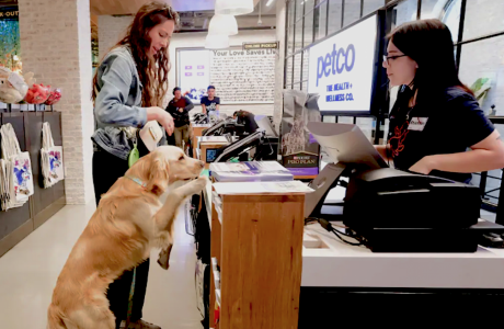 Pet owner and dog at pet store counter