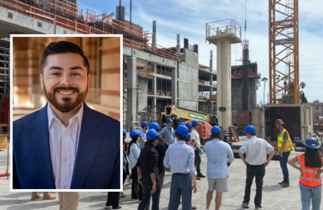 headshot of Francisco Castaneda a masters in real estate student overlay a wide angle shot of the MRED students at a construction site tour.||