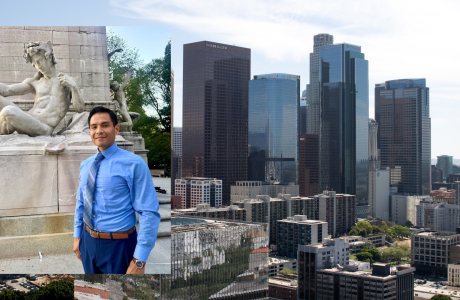 Headshot of masters of social work student Francisco Villarruel overlay a cityscape shot of Downtown Los Angeles