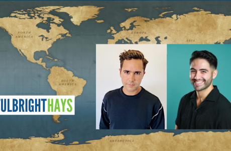 headshots of two men set against world map