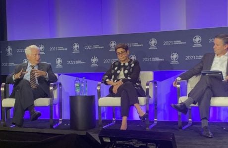 From left: UCLA Chancellor Gene Block, Daphne Kis, CEO of WorldQuant University, and Jeffrey Selingo, contributor to the Atlantic and the Washington Post, during the 24th Milken Institute Global Conference. Photo by Taleen Ananian