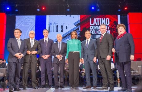 From left: John Chiang, John Cox, Gavin Newsom, Univision hosts Jorge Ramos and Ilia Calderon, Antonio Villaraigosa, Travis Allen and Delaine Eastin