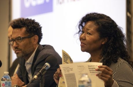 Panelist Chancela Al-Mansour, executive director of Housing Rights Center, shared information about various rights held by tenants. Photo by Stan Paul