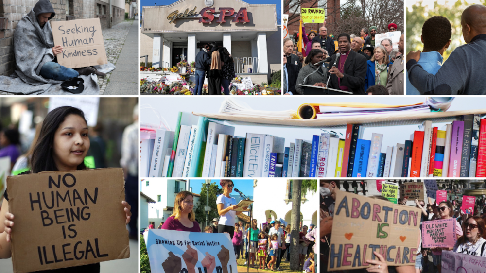 collage of people, books, classroom