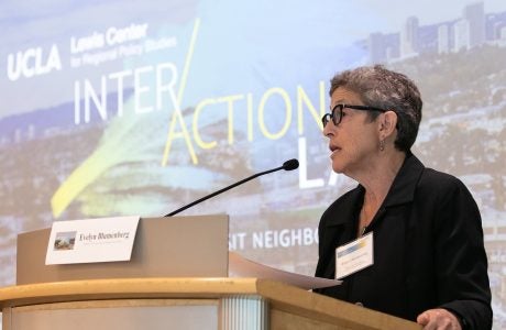 Lewis Center Director Evelyn Blumenberg at the inaugural InterActions LA event on regional growth and equity. Photo by Amy Tierney