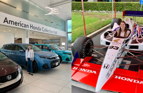 Jennifer Gorman on the left stands in a Honda Car dealership. Second photo on the right she is in a Honda racecar.|Jennifer Gorman is a masters in public policy student who had an internship at Honda motors this summer. She is pictured on the left in the Honda car dealership and on the right in a drivers seat of a Honda race car.