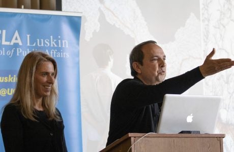 Fonna Forman, left, and Teddy Cruz deliver their May 1 UCLA Luskin Lecture on "Un-Walling Citizenship." Photo by Stan Paul