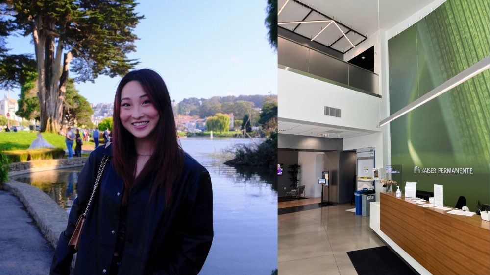 Headshot of JEnny Gao on the left with a photo of the interior lobby of Kaiser on the right.|
