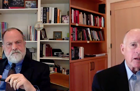 Former Gov. Jerry Brown, right, speaks with biographer Jim Newton during the widely viewed May 12 webinar.
