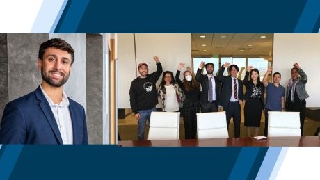 Headshot of Kamal Cheema MPP 23 on the left and a group photo on the right. He worked with Laura Edwards, Thomas Hernandez, Mei Naito and Ibuki Yamada on One Dollar a Day: Labor Conditions Within California Immigrant Detention Centers