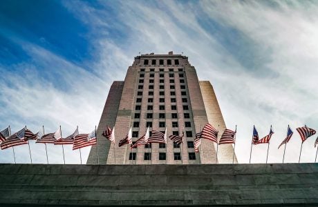 U.S. flags in front of L.A. City Hall|