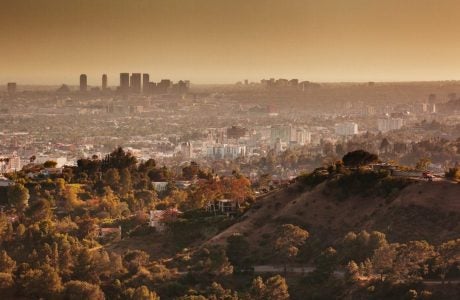 brown cast over Los Angeles skyline and hills