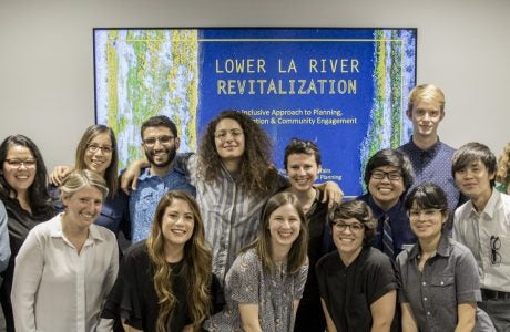 The Lower Los Angeles River project team gathers after their presentation in June 2017. Photos by Les Dunseith