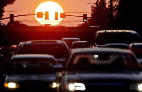 heavy traffic at sunset