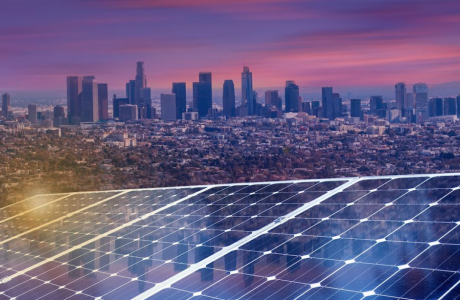 L.A. skyline with solar grid in foreground