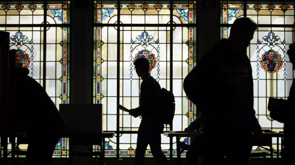 silhouette of voters against stained-glass background