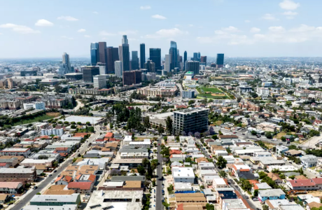 downtown Los Angeles skyline with residential neighborhoods in foreground