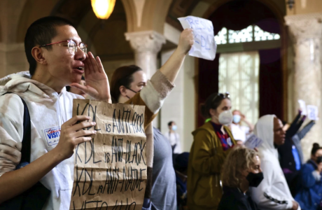 protesters at city council meeting