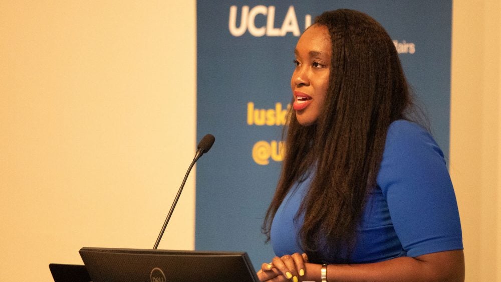 Ijeoma Opara of the Yale School of Public Health delivers a UCLA Luskin Lecture at the California NanoSystems Institute. Photo by Mary Braswell