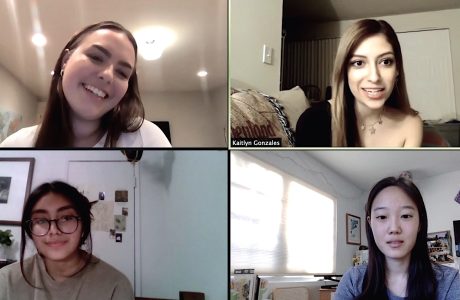 Hannah Feller, top left, shares her personal experiences with pursuing internships during an online gathering of the Luskin Undergraduate Student Association.
