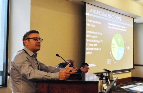 Latino Policy and Politics Initiative faculty director Matt Barreto leads a conversation about shifting demographics during the leadership academy for Arizona legislators. Photo by Amado Castillo