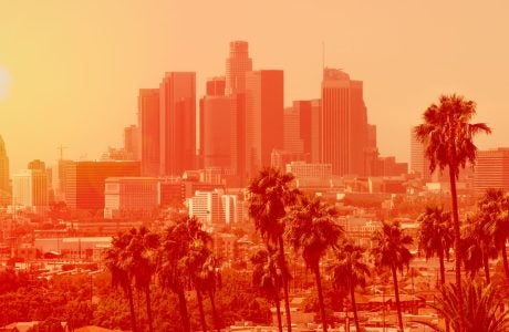 Photo of Los Angeles downtown with palm trees on an extremely hot day, the photo is in a bright orange filter to indicate heat levels|Image of air conditioner.