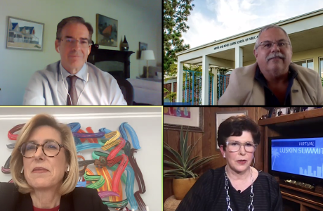 Luskin Summit 2020 launches with, clockwise from top left, Deans Ron Brookmeyer and Gary Segura; moderator Adrienne Alpert; and UCLA Luskin board member Wendy Greuel.